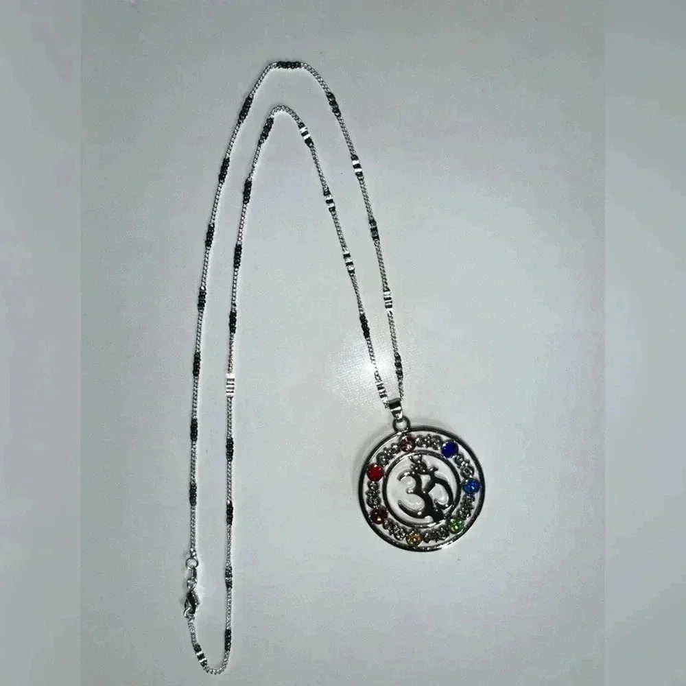 925 sterling silver chain,multi color stone pendant yoga Aum mediation - Picture 12 of 16